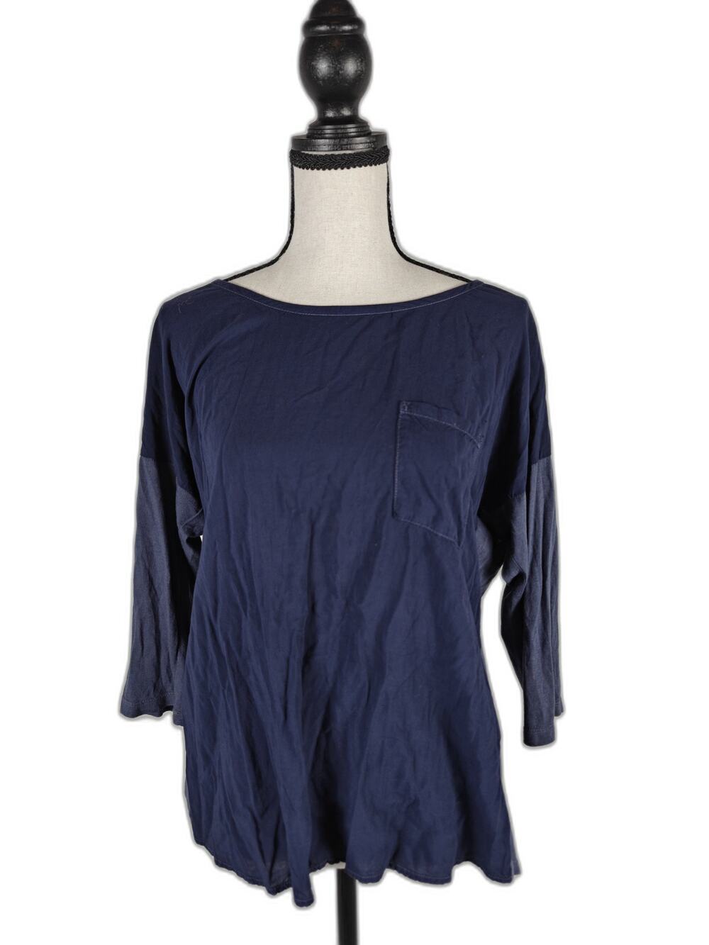 Women's Splendid Small Mixed Media Top Navy Blue 3/4 Sleeve Pocket Tee